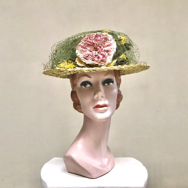 Vintage 1960s MR. JOHN Hat, Woven Green Cello Straw Boater with Gorgeous Silk Flowers, Mid-Century Designer Hat, VFG 