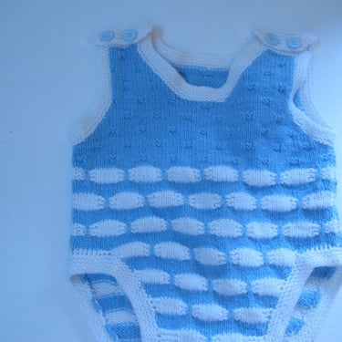 Vintage Hand Knit Baby Jumper Vintage Blue White Wool Onesie Baby Blue Romper Baby Boy Clothes Sailor Boy Knitted Romper 