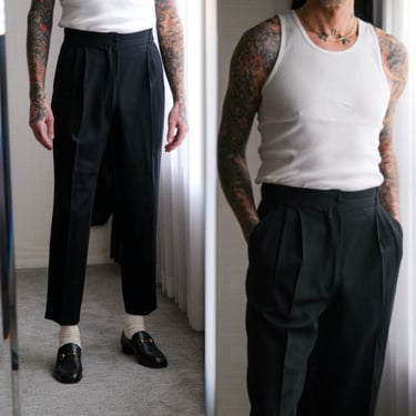 Vintage 90s GIANNI VERSACE Black Gabardine Triple Pleated High Waisted Tapered Slacks | Made in Italy | Rayon/Wool | 1990s VERSACE Pants 