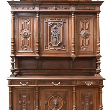 Antique Sideboard, Cabinet, French Henri II Style Walnut, Masks, Spindle 1800's!