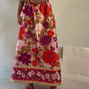 70s Handmade Quilted Floral Maxi Skirt / Small 