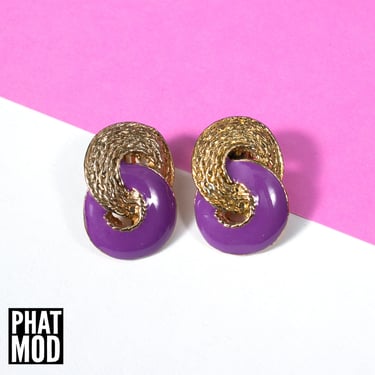 DEADSTOCK Sexy Vintage 80s 90s Purple & Gold Loop Metal Clip-On Earrings 
