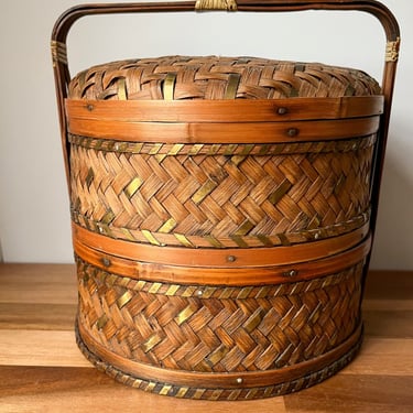 Tiered Vintage Rattan Asian Basket.  Vintage Bamboo Chinese Wedding Basket. 