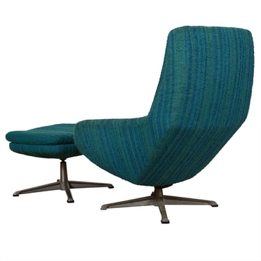 Reclining Mid Century Blue + Teal Lounge Chair w. Ottoman