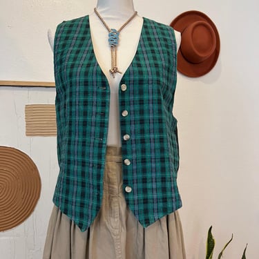 Jonathan Logan USA Vintage Green Cotton Plaid Preppy Button Front Vest - Medium 