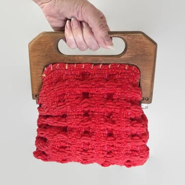 VINTAGE 40s 50s Knitted Red Chenille Handbag With Wooden Top Handle Frame | 1940s 1950s Handmade Knitting Purse Crochet Sewing Pouch Bag vfg 