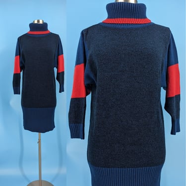 Vintage 80s A'milano Small Color Block Acrylic Turtleneck Dolman Sleeve Sweater Dress 