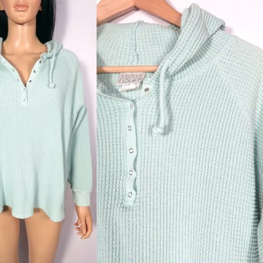 Vintage 90s Mint Green Waffle Knit Cotton Boxy Cropped Hoodie Size L 