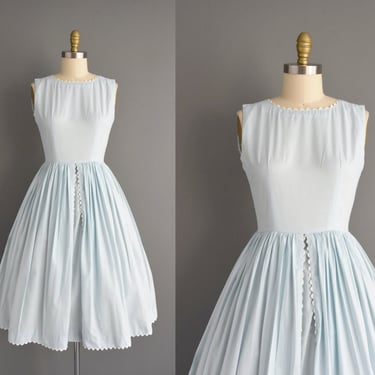 1950s dress | Icy Blue Sleeveless Full Skirt Shirtwaist Cotton Day Dress | Small Medium | 50s vintage dress 