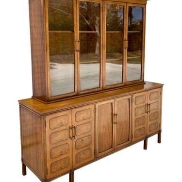50s Mid Century Modern Fruitwood Chinoiserie Two-Piece Buffet and Display Cabinet 