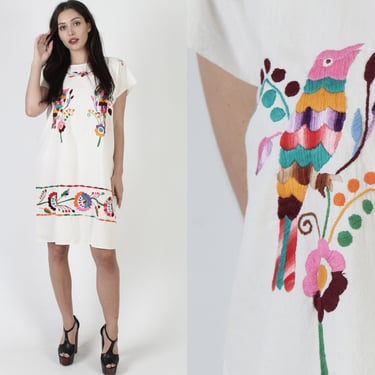 Made In Mexico Embroidered Birds Dress / White Cotton Mexican Cover Up / Floral Beachwear Vacation Shift Dress 