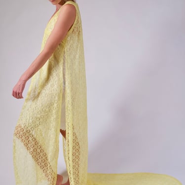 60s Yellow Lace Peignoir With Long Train Vintage Sheer Negligee Dressing Gown 