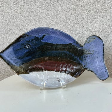 Vintage studio pottery art fish platter plate blues browns sand colors  signed size 14” x 8” 