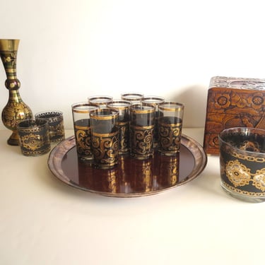 Culver Glassware - Ebony Baroque Scroll.  Tumblers Highball Black Gold 22K Glasses. 