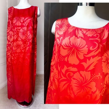 Vintage TROPICANA Red Satin Damask HAWAIIAN Sheath Dress, Long Maxi 1960s, 1950's Medium Large size, Honolulu 