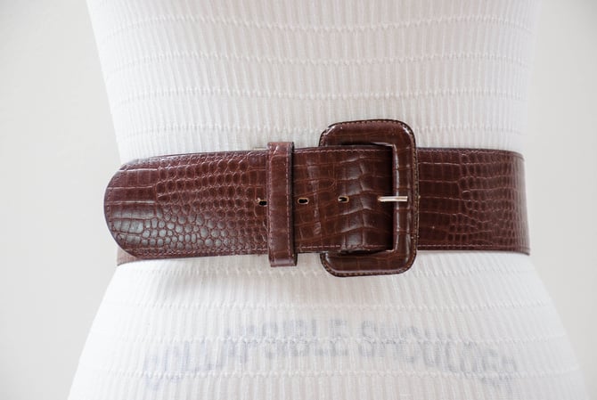 brown vegan leather belt | 80s 90s vintage dark brown alligator faux leather wide statement belt 