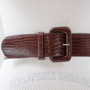 brown vegan leather belt | 80s 90s vintage dark brown alligator faux leather wide statement belt 