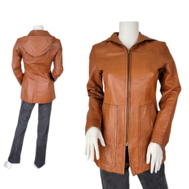1970's Brown/Rust Leather Hooded Coat I Jacket I Unisex I Sz Sm I Brazilia 
