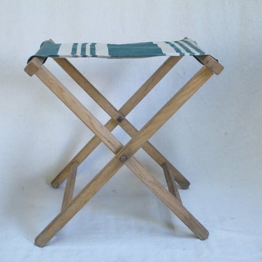 Vintage Folding Camp Stool French Country Camp Chair  Green White Striped Canvas Campfire Stool Wooden Fold up Fishing Outdoor Stool 
