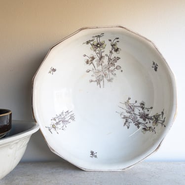 Ironstone Wash Basin Large White Floral Bowl Heavy Stoneware Shabby Chic Antique China Brown and White Modern Farmhouse 