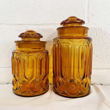 Vintage LE Smith Amber Moon & Stars Glass Canisters Set of 2 Kitchen Canister Food Storage MCM Glassware 1960s Retro Cookie Jar Yellow 