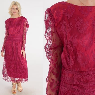 Raspberry Lace Dress 70s Party Dress Long Puff Sleeve Midi Dress High Waisted Cocktail Evening Formal Retro Low V Back Vintage 1970s Medium 