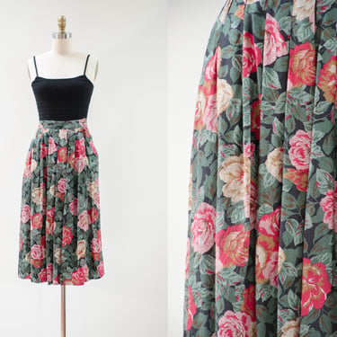 cute cottagecore skirt | 80s 90s vintage dark green black pink romantic floral pleated midi skirt 