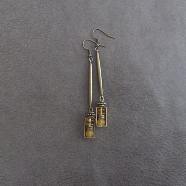 Sea glass earrings, bohemian earrings, beach earrings, brass boho earrings, long orange dangle earrings, artisan ethnic earring, simple chic 