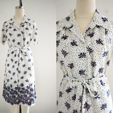 1960s/70s Red, White, and Navy Daisy Knit Shirt Dress 