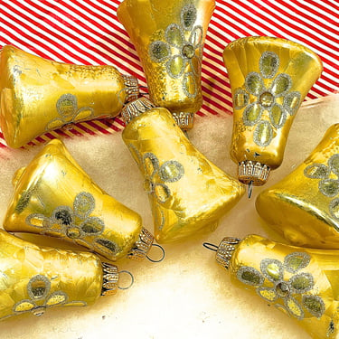 VINTAGE: 11pcs - West Germany Brushed Antique Gold Glass Bell Ornaments - Christmas Decor - Holiday Decor - SKU 00035650 