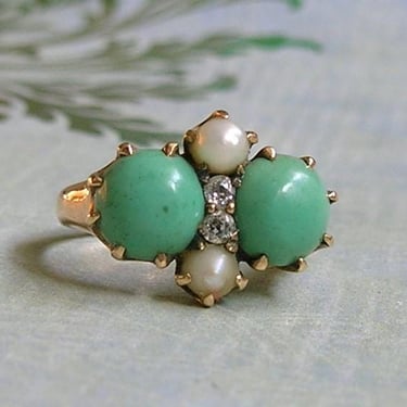 Vintage 1950's 14K Gold, Turquoise, Pearl and Diamond Ring, Mid-Century 14K Turquoise Ring, Size 6 (#4564) 