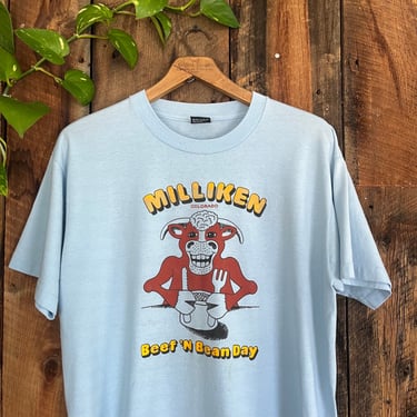 Vintage 90s Milliken Colorado Beef and Bean Day Cow Cartoon fun graphic t shirt soft thin size XL 