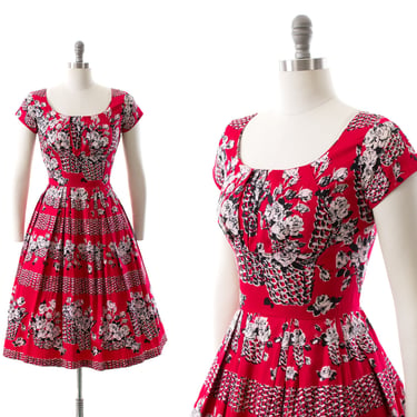 Modern 1950s Style Dress | RETROSPEC'D Floral Basket Novelty Print Red Cotton Fit and Flare Swing Pin Up Day Dress (medium) 