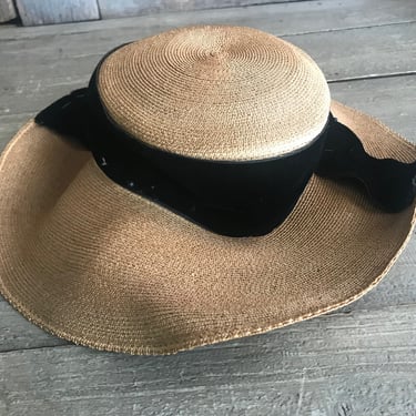 Antique French Straw Hat, Edwardian, Panama Straw Bonnet, Wide Brim, Black Velvet Bow, Period Clothing 