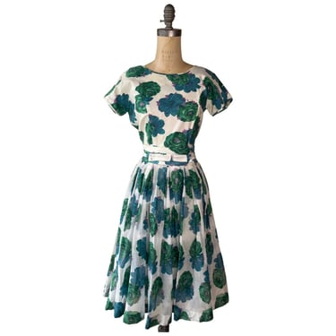 1950s blue and green floral print sundress 