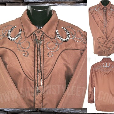 Vintage Western Retro Men's Cowboy and Rodeo Unbranded Shirt, Copper with Embroidered Silver Horse Shoes, Approx. Large (see meas. photo) 