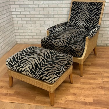 Vintage McGuire Rattan and Wicker Umbria Lounge Chair with Ottoman Newly Upholstered in Plush Zebra Velvet - 2 Piece Set