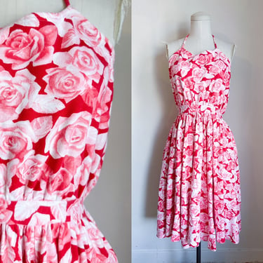 Vintage 1980s Rose Print Jersey Halter Dress / XS 