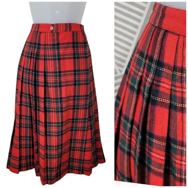 Vintage Pleated Plaid Wrap Skirt 10/12 Midi Red Royal Stewart Tartan Wool Long 