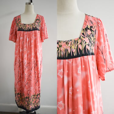 1980s/90s Coral Pink and Black Floral House Dress 