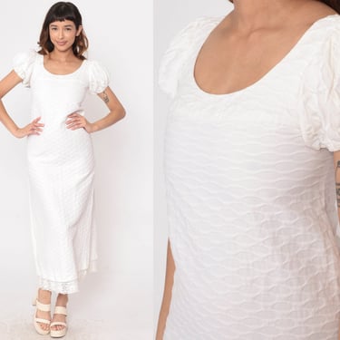 Long White Dress 70s Maxi Puff Sleeve Honeycomb Embossed Boho Lace Hem 1970s Bohemian Wedding Vintage Hippie Column Extra Small xs 