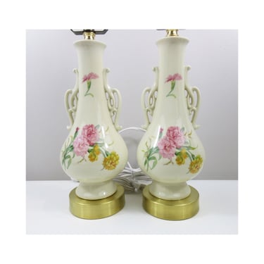 Refurbished Mid Century Boudoir Lamps - PAIR - Pink, Yellow Carnations - Floral - Ceramic - All New Parts Except Lamp Body 