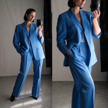 MAX MARA Cornflower Blue Lightweight Wool Mohair Gabardine MId Rise Wide Leg Suit | Made in Italy | Y2K 2000s Italian Designer Womens Suit 