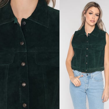Green Suede Vest 90s Leather Button up Vest Top Boho Dark Forest Green Western Festival Snap Up Sleeveless Bohemian Vintage 1990s Small S 