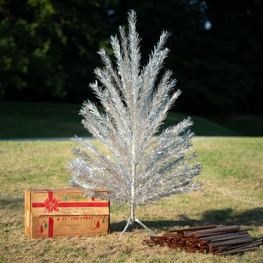 Stainless Aluminum 6 Foot Christmas Tree, The Evergleam Deluxe 94 Branch, with Stand, 1960s 