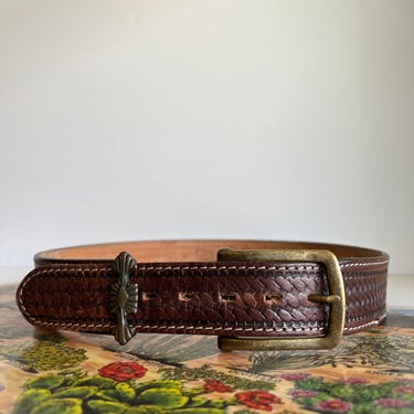 Vintage 90s Brown Weaved Tooled USA Made Genuine Saddle Leather Belt - L 