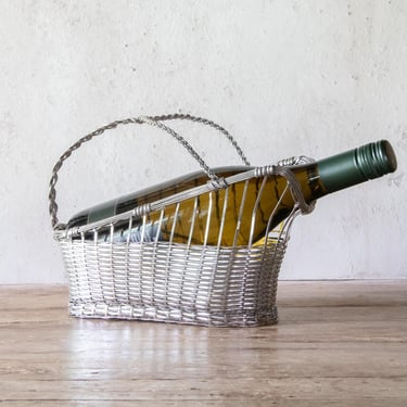 Wire Wine Bottle Holder, Vintage Silver Plated Woven Wine Caddy Basket with Braided Handle 