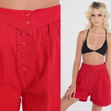 Red Paper Bag Shorts 80s Pleated Trouser Shorts Ultra High Waisted Rise Preppy Retro Wide Leg Shorts Summer Vintage 1980s Extra Small xs 