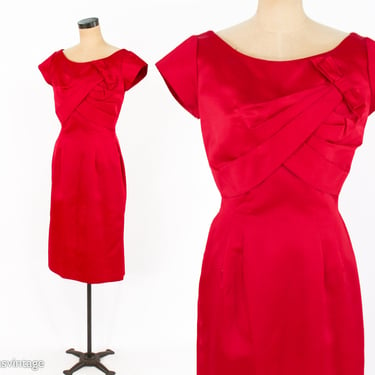 1950s Red Satin Party Dress | 50s Red Satin Cocktail Dress | Bombshell | Wiggle Dress | Marilyn Monroe | Medium 