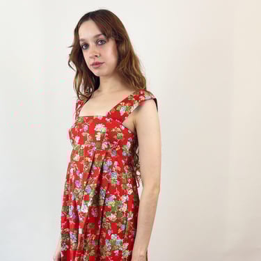 Vintage 70s Red Floral Summer Sundress Empire Waist and Pockets/ 1970s Summer Dress XXS 
